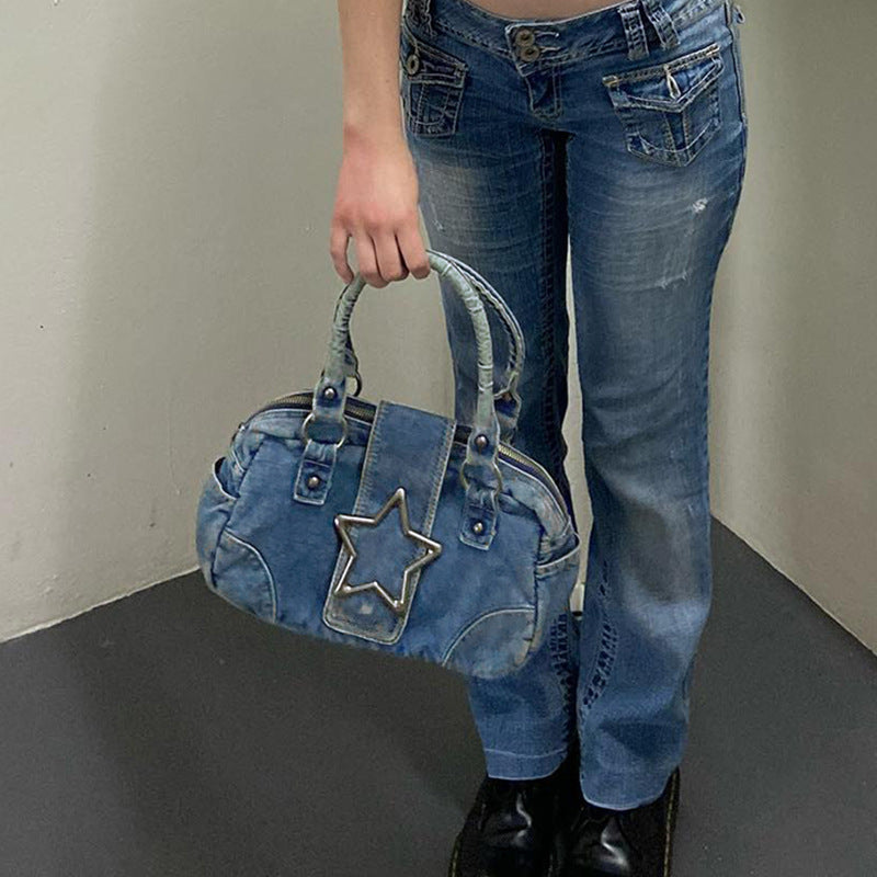 Fashion Retro Metal Five-pointed Star Decoration Denim Handbag For Women - Bellarte Enchanté Fashion Retro Metal Five-pointed Star Decoration Denim Handbag For Women